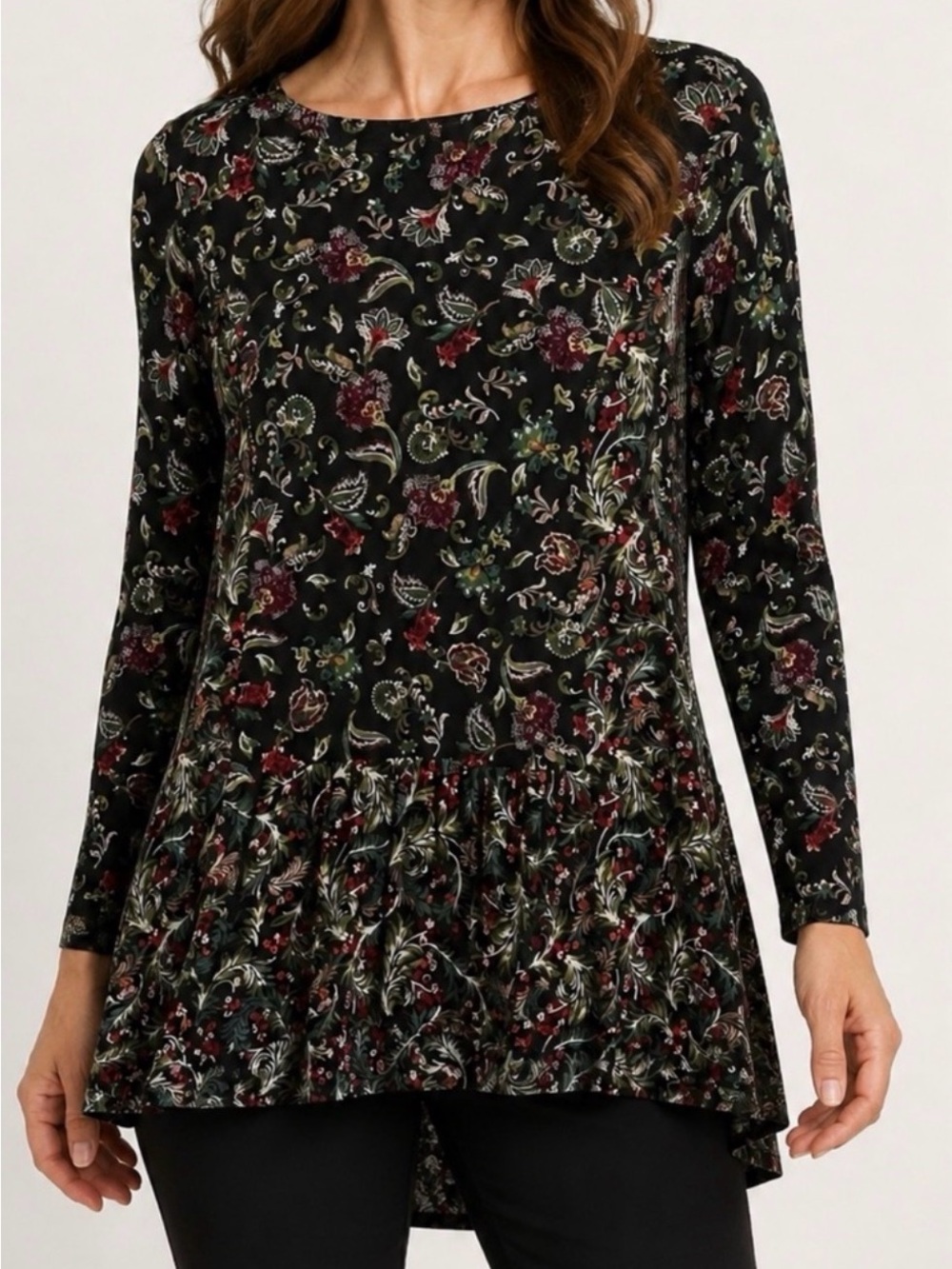 J. Jill 100% Rayon Floral High-Low Peplum Tunic Top | Black | Relaxed Fit